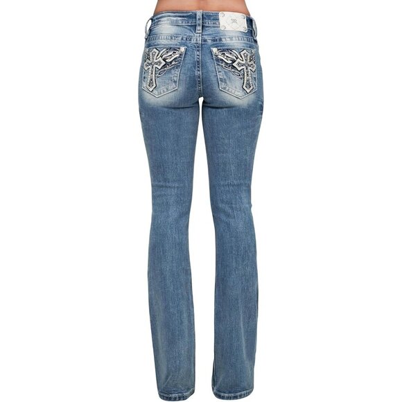 Women's Cotton Spandex Mid-Rise Bootcut Jeans Embellished Pockets